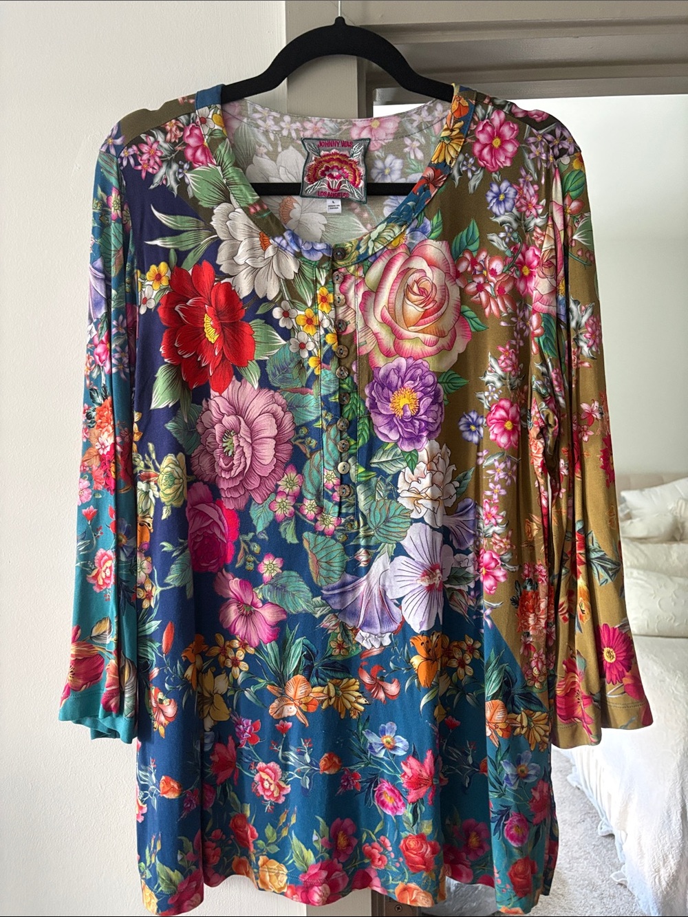 Johnny Was Teal, Olive & Pink Floral Henley Tunic SIZE L